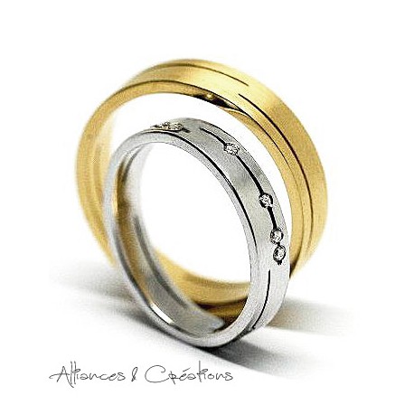 Bague Duo Mariage or blanc or jaune ligne Insolite Alliance